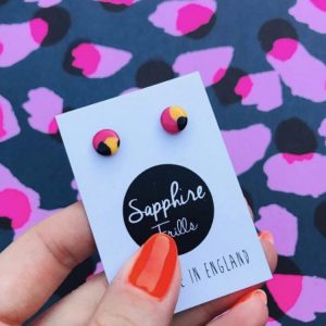 Small Pink and Yellow Leopard Print Circle Stud Earrings from Sapphire Frills ((Sterling Silver posts and backs)
