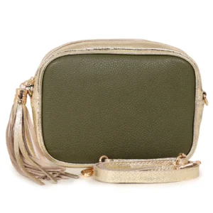 Ladies Khaki and Gold Leather Camera Bag